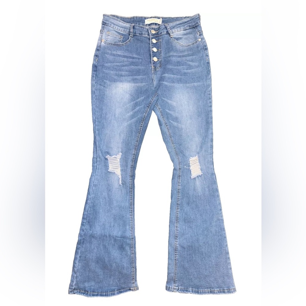 Celebrity Ace Women’s High Waisted Stretch Flare Distressed Jeans Size 11/30